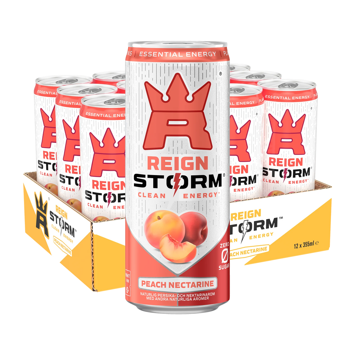 12 x Reign Storm Energy 355 ml Peach Nectarine valko-keltaisessa pakkauksessa, jossa on kaksitoista yhteensopivaa energiajuomatölkkiä., kuva 1/1
