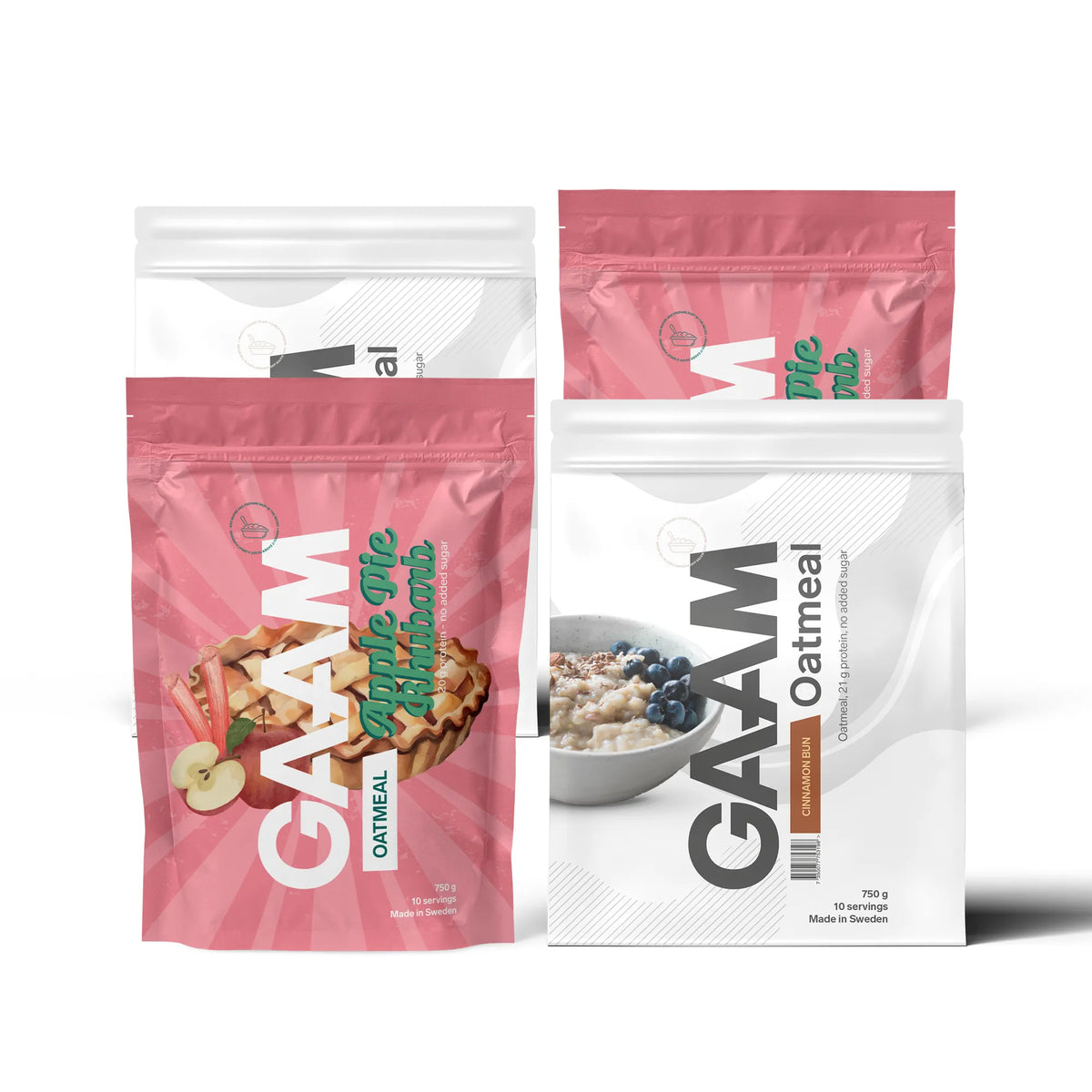 4 x GAAM Oatmeal 750 g neljän pussin pakkauksessa valkoisena ja vaaleanpunaisena, makuina Apple Pie Rhubarb ja Cinnamon Bun., kuva 1/1