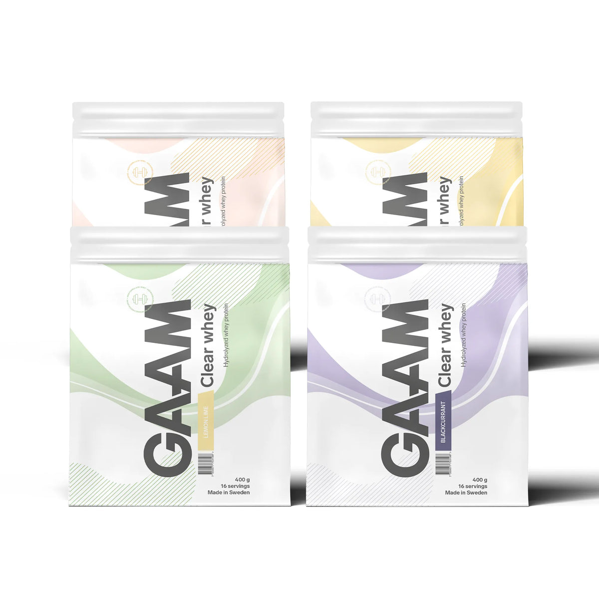 4 x GAAM Clear Whey 400 g -proteiinijauhe neljässä valkoisessa pussissa, joissa on aaltoilevia pastellivärisiä kuvioita., kuva 1/1