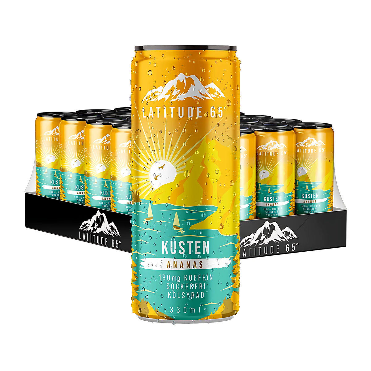 24 x Latitude 65 330 ml Kusten - Ananas -energiajuoma 24 tölkin pakkauksessa keltaisin ja turkoosein tölkein., kuva 1/1