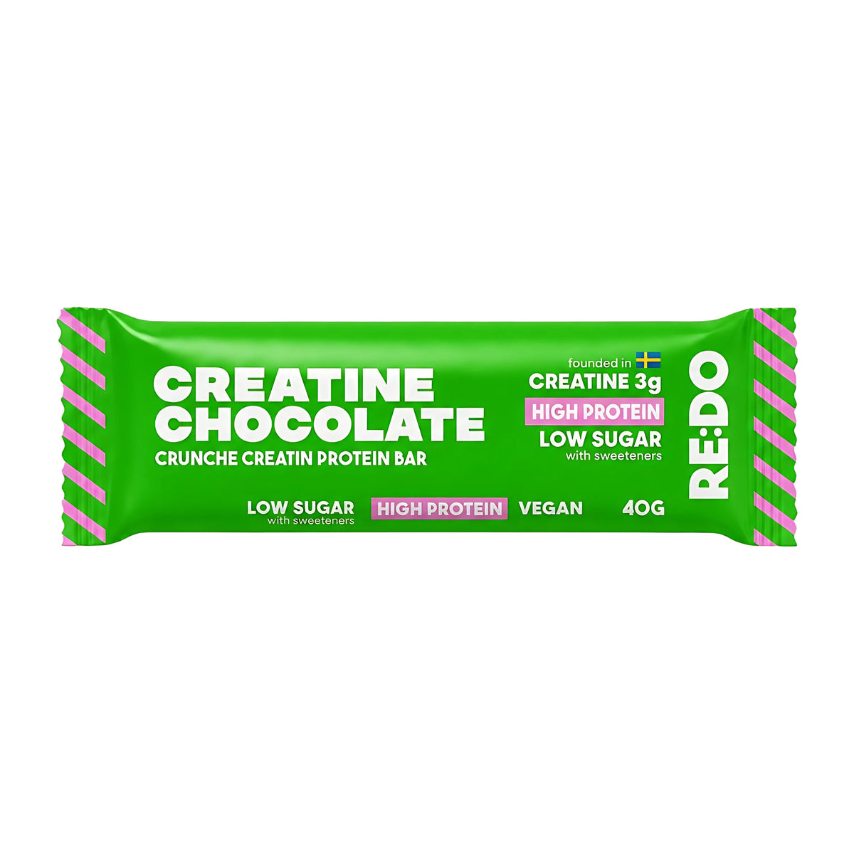 REDO Creatine Bar 40 g -vegaaninen proteiinipatukka vihreässä pakkauksessa vaaleanpunaisin yksityiskohdin, makuna Chocolate Caramel., kuva 3/3