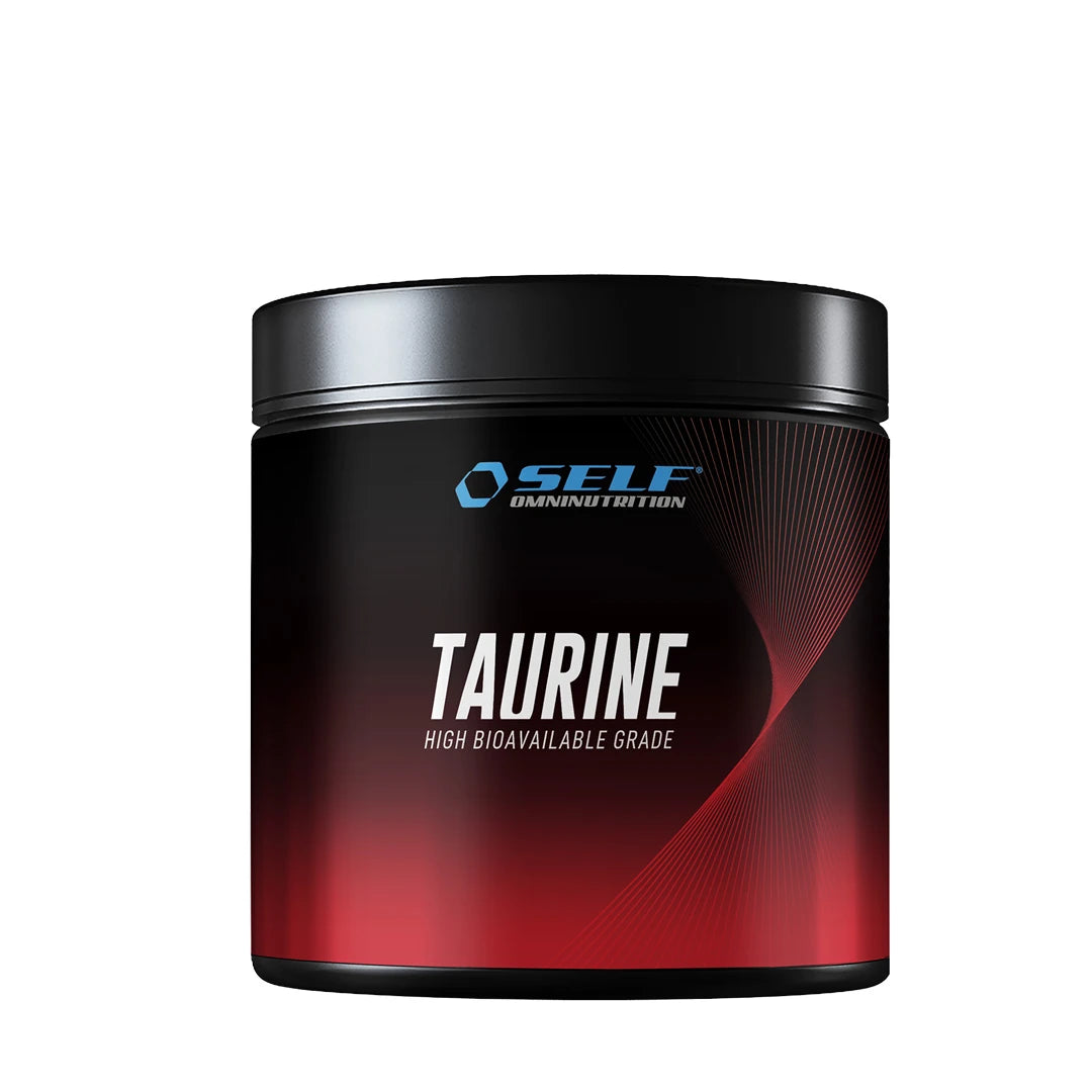 Self Omninutrition Amino Taurine 200 g puhdasta tauriinijauhetta mustapunaisessa purkissa.