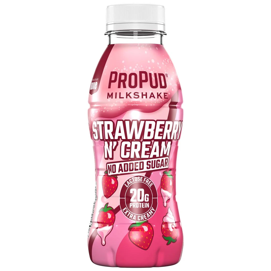 NJIE ProPud Protein Milkshake 330 ml vaaleanpunaisessa pullossa valkoisella korkilla, makuna Strawberry Cream., kuva 2/11