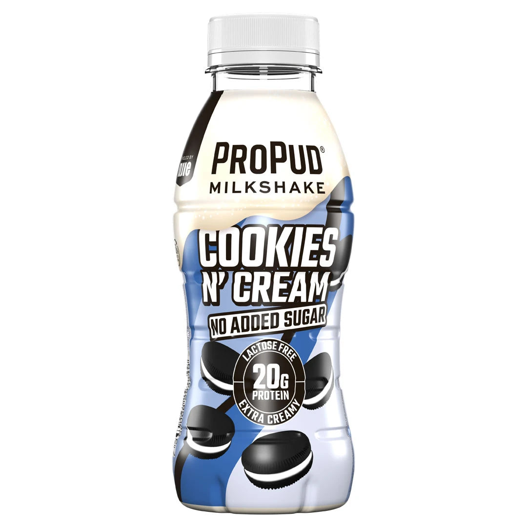NJIE ProPud Protein Milkshake 330 ml valko-vaaleansinisessä pullossa keksikuvioinnilla, makuna Cookies N' Cream., kuva 3/11