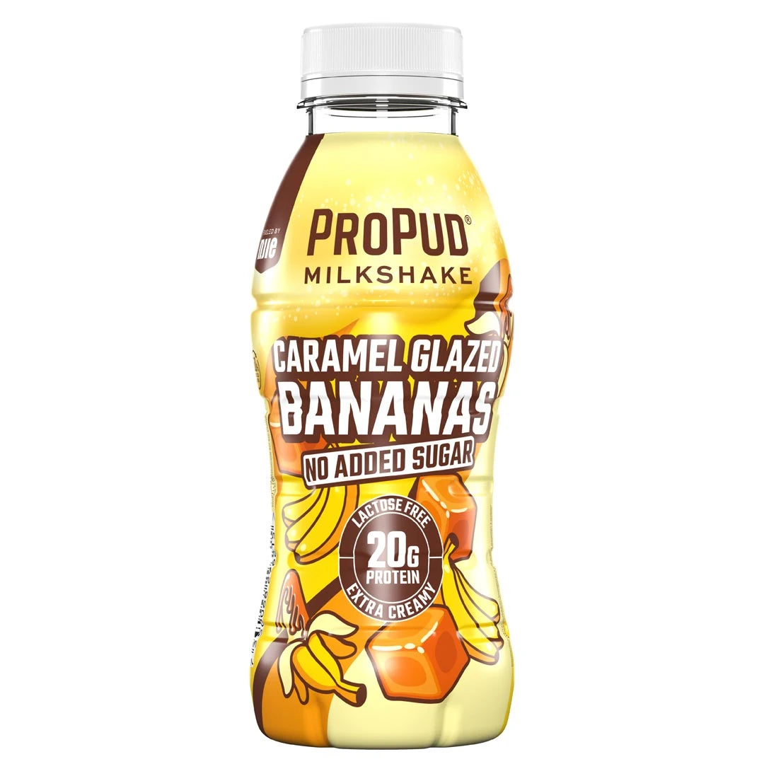 NJIE ProPud Protein Milkshake 330 ml keltaisessa muovipullossa ruskeilla yksityiskohdilla, makuna Caramel Glazed Banana., kuva 4/11