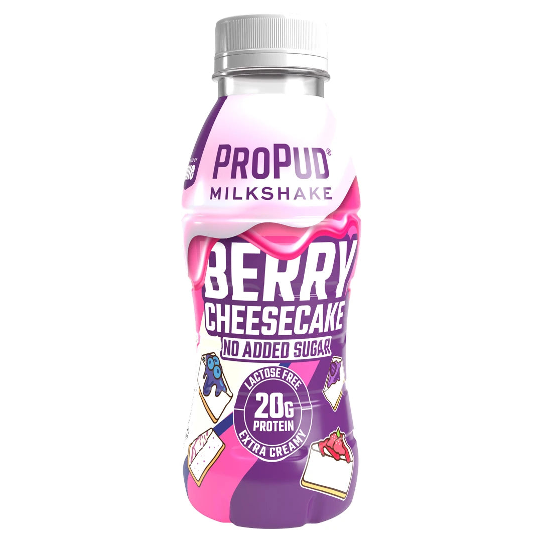NJIE ProPud Protein Milkshake 330 ml -muovipullo vaaleanpunaisella ja violetilla etiketillä, makuna Berry Cheesecake., kuva 5/11