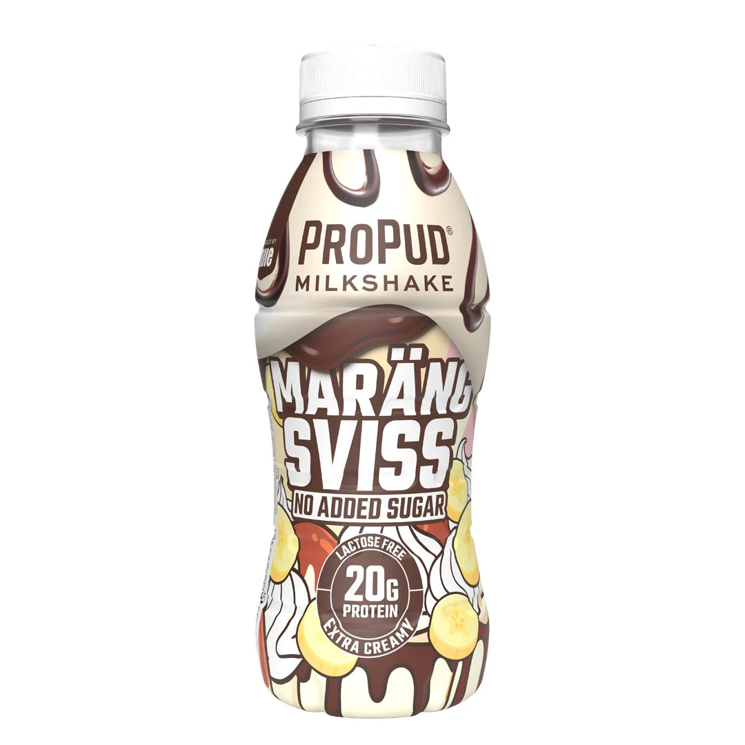 NJIE ProPud Protein Milkshake 330 ml pullossa suklaa- ja banaanikuvioinnilla, makuna Marängsviss., kuva 6/11