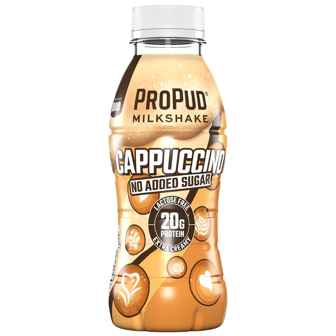 NJIE ProPud Protein Milkshake 330 ml beigessä pullossa kahvikuvioilla ja valkoisella korkilla, makuna Cappuccino., kuva 7/11