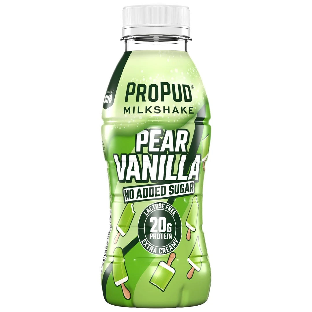 NJIE ProPud Protein Milkshake 330 ml vihreässä pullossa valkoisella korkilla, makuna Pear Vanilla., kuva 9/11