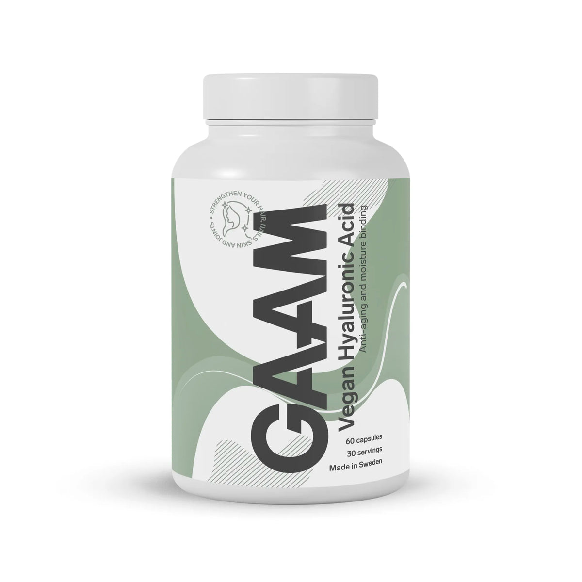 GAAM Vegan Hyaluronic acid &amp; vitamin C 60 caps i en vit burk med grön etikett och svarta detaljer., bild 1 av 1