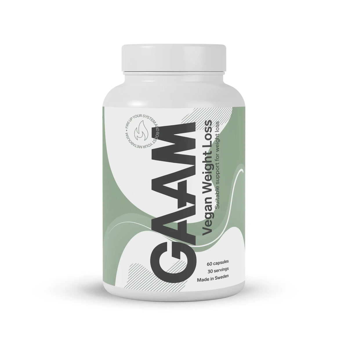 GAAM Vegan Weight loss 60 caps -rasvanpolttaja valkoisessa muovipurkissa vaaleanvihreillä yksityiskohdilla., kuva 1/1
