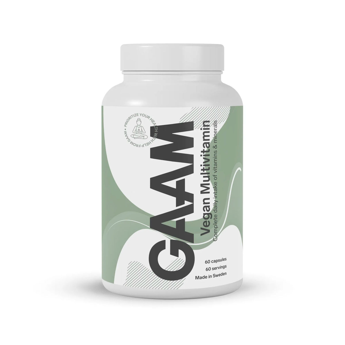 GAAM Vegan Multivitamin 60 caps -ravintolisä valkoisessa muovipurkissa, jossa on vaaleanvihreä-valkoinen etiketti., kuva 1/1