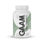 GAAM Vegan Multivitamin 60 caps -ravintolisä valkoisessa muovipurkissa, jossa on vaaleanvihreä-valkoinen etiketti.