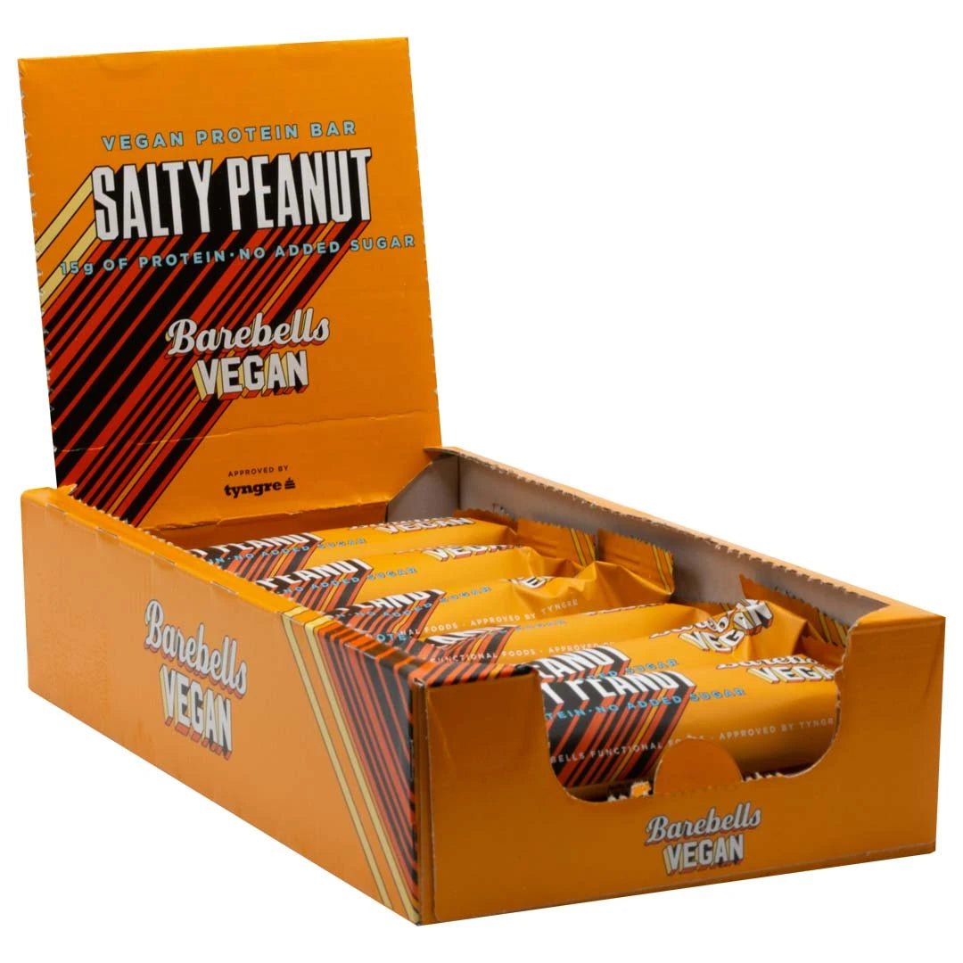 12 x Barebells Vegan Protein Bar 55 g -lajitelma avoimessa oranssissa laatikossa, makuna Salty Peanut., kuva 1/1
