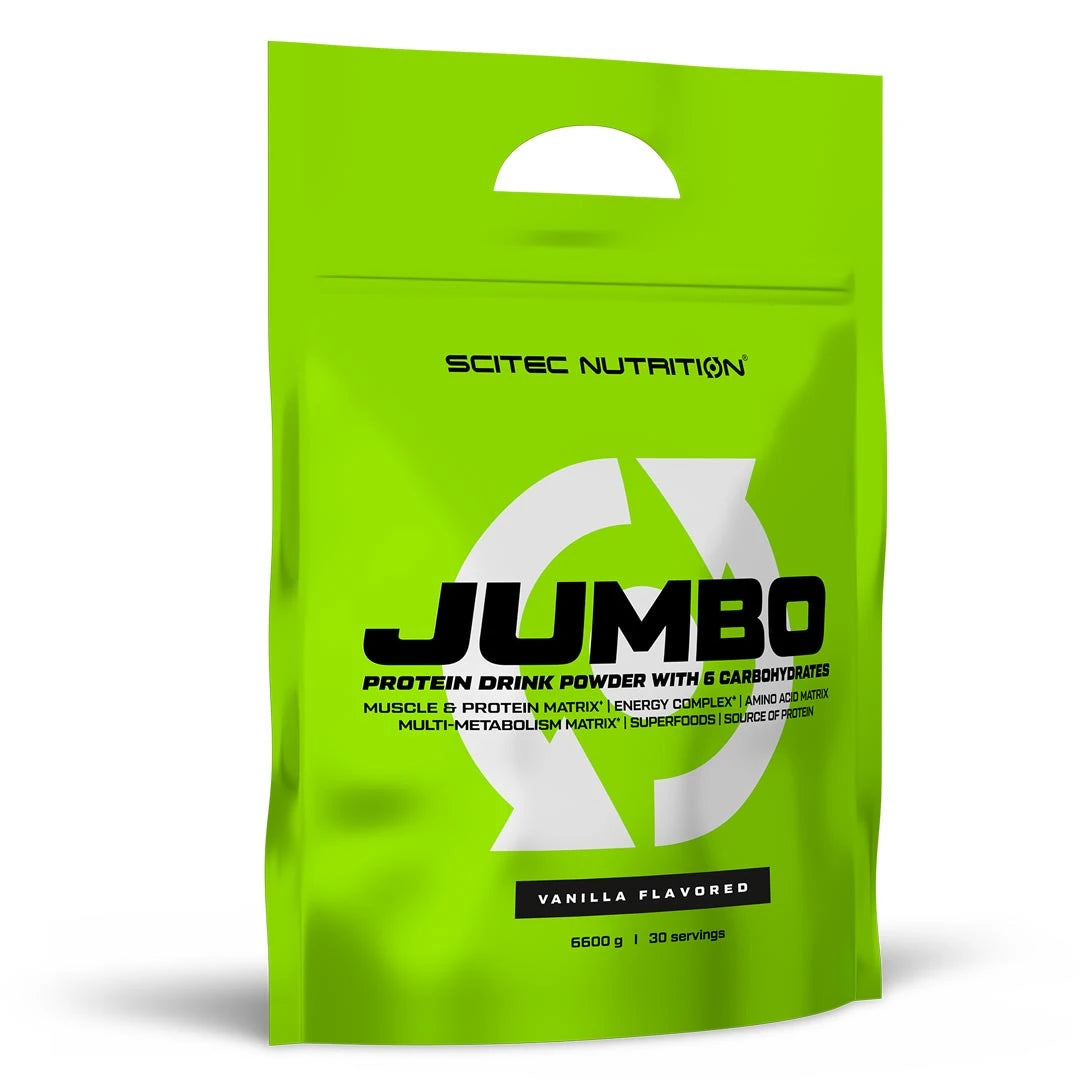 Scitec Nutrition Jumbo 6.6 kg gainer i en stor ljusgrön påse för smaken vanilj., bild 2 av 3
