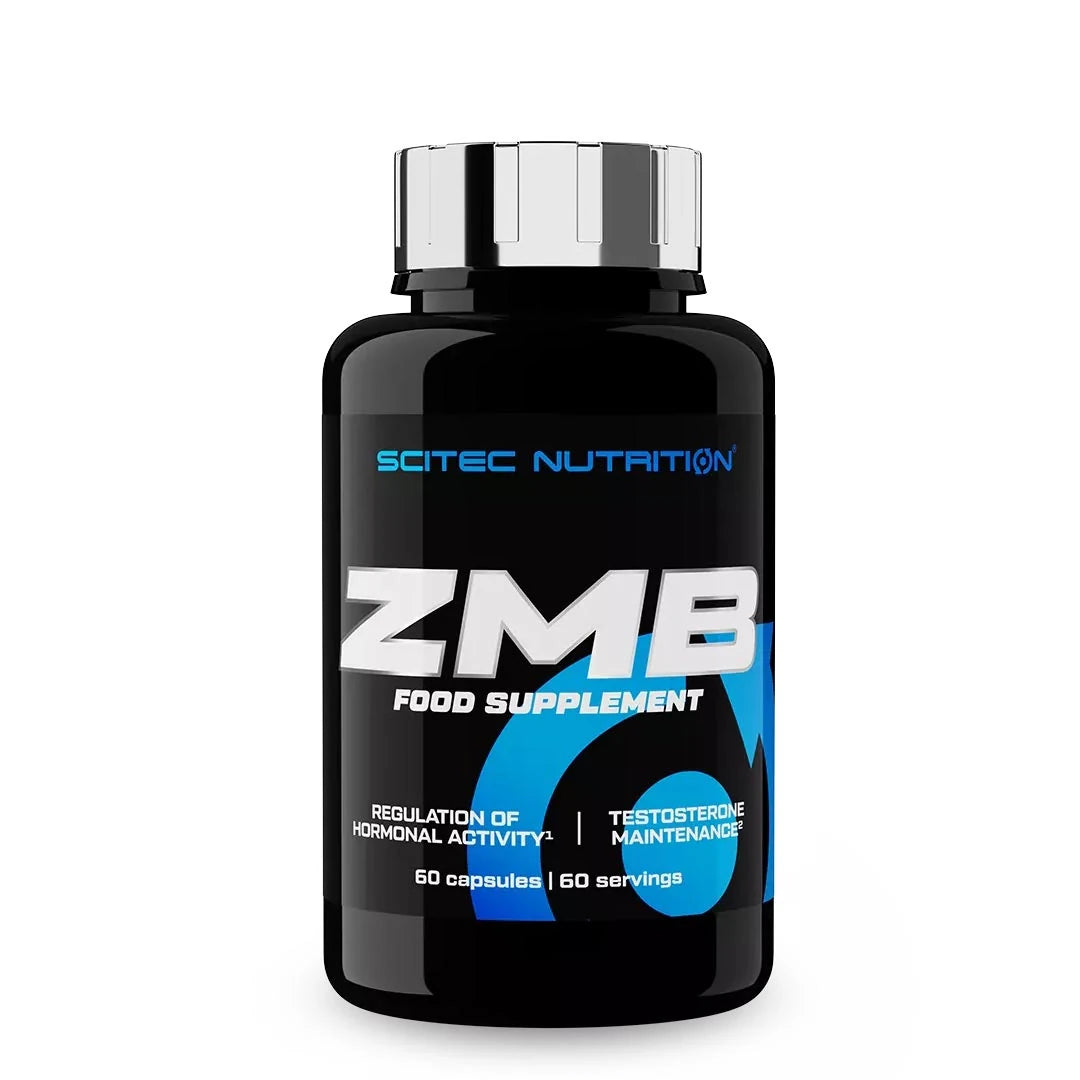 Scitec Nutrition ZMB6 60 caps -ravintolisä mustassa purkissa, jossa on sinivalkoisia yksityiskohtia ja hopeinen kansi., kuva 1/1