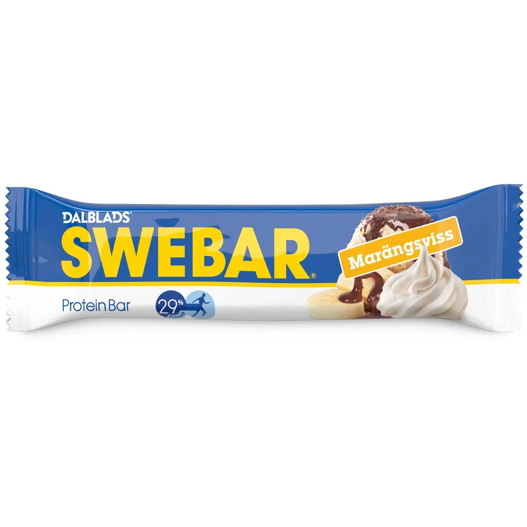 Dalblads Swebar 55 g -proteiinipatukka sinivalkoisessa pakkauksessa, makuna marenkiherkku., kuva 3/6