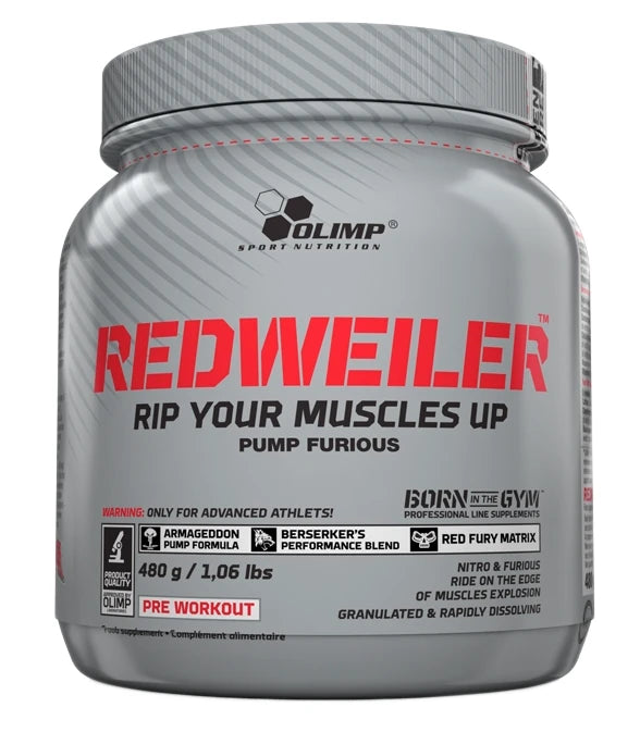 Olimp Redweiler 480 g pre-workout -jauhe harmaassa purkissa punaisella tekstillä suorituskyvyn parantamiseen., kuva 1/2