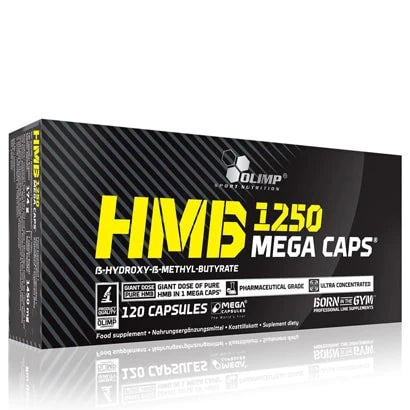 Olimp HMB Mega caps 120 caps -ravintolisä mustassa pakkauksessa, jossa on keltaisia ja valkoisia yksityiskohtia., kuva 1/1