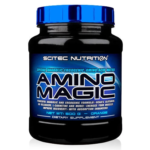 Scitec Nutrition Amino Magic 500 g -aminohappokompleksi mustassa purkissa sinisellä kannella, makuna appelsiini., kuva 2/2