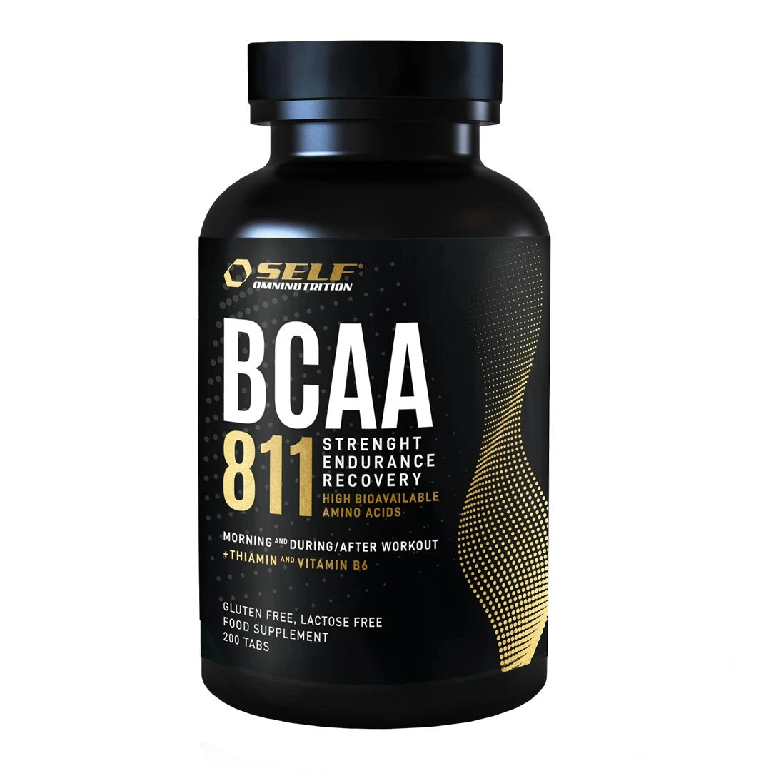 Svart burk med Self Omninutrition Essential BCAA 811 200 tabs kosttillskott, vita bokstäver och gulddetaljer., bild 1 av 1