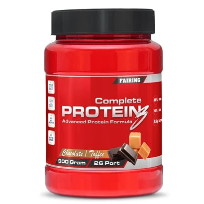 Fairing Complete Protein III 900 g proteinpulver i en röd burk med svart lock och smak av Chocolate Toffee., bild 2 av 3