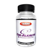Fairing Kre-Alkalyn 120 caps -kreatiinikapselit läpinäkyvässä purkissa, jossa on musta kansi ja valkoinen etiketti.