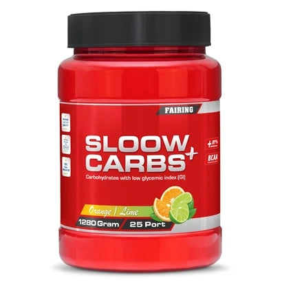 Punainen mustakantinen purkki Fairing Sloow Carbs + 1.2 kg -hiilihydraattijauhetta appelsiinin ja limen makuisena., kuva 1/2