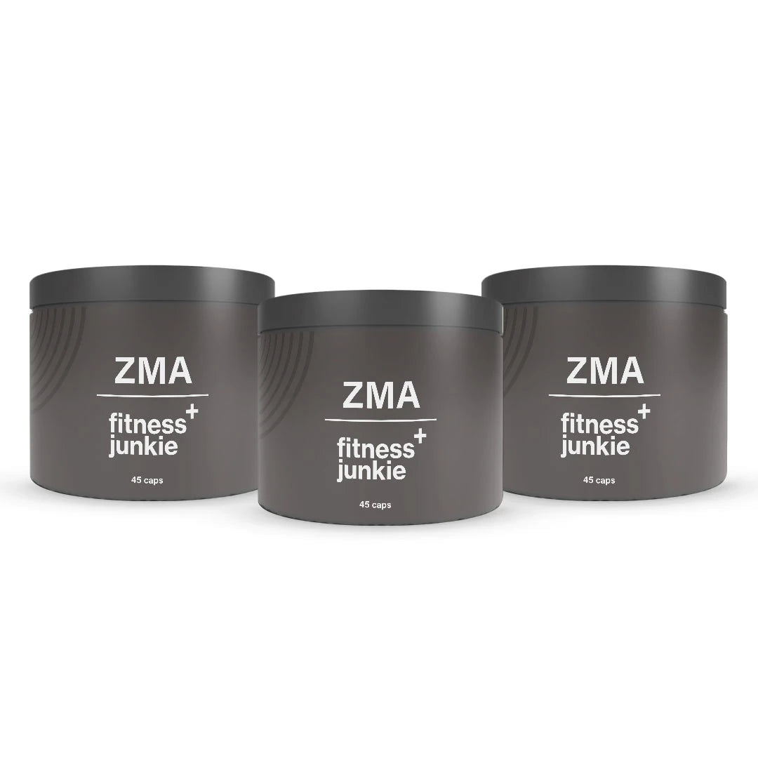 3 x fitnessjunkie ZMA 45 caps kolmessa tummanharmaassa purkissa valkoisella tekstillä optimoituun uneen ja palautumiseen., kuva 1/1