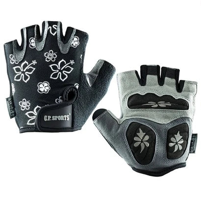 C.P. Sports Lady Fitness Glove Black/Grey, mustaharmaat treenihanskat kukkakuviolla ja pehmustetulla kämmenosalla., kuva 3/6