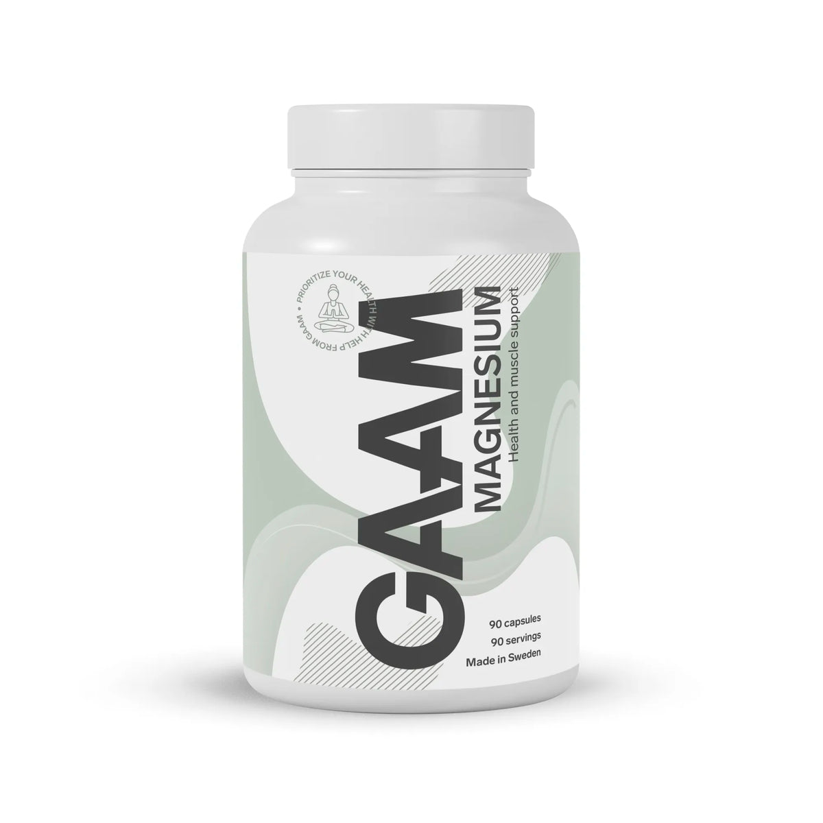 GAAM Magnesium 90 caps valkoisessa purkissa, jonka etiketissä on vaaleanvihreitä ja valkoisia graafisia yksityiskohtia., kuva 1/1