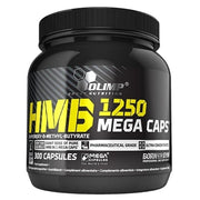 Olimp HMB Mega caps 300 caps -ravintolisä mustassa purkissa keltaisella ja valkoisella tekstillä.