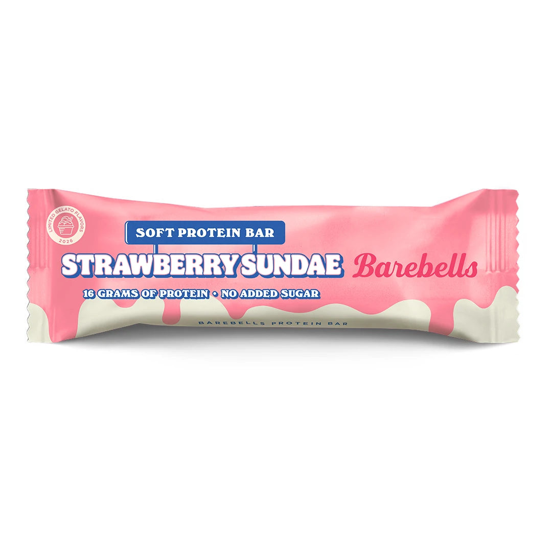 Barebells Soft protein bar 55 g vaaleanpunaisessa ja valkoisessa pakkauksessa, makuna Strawberry Sundae., kuva 18/21