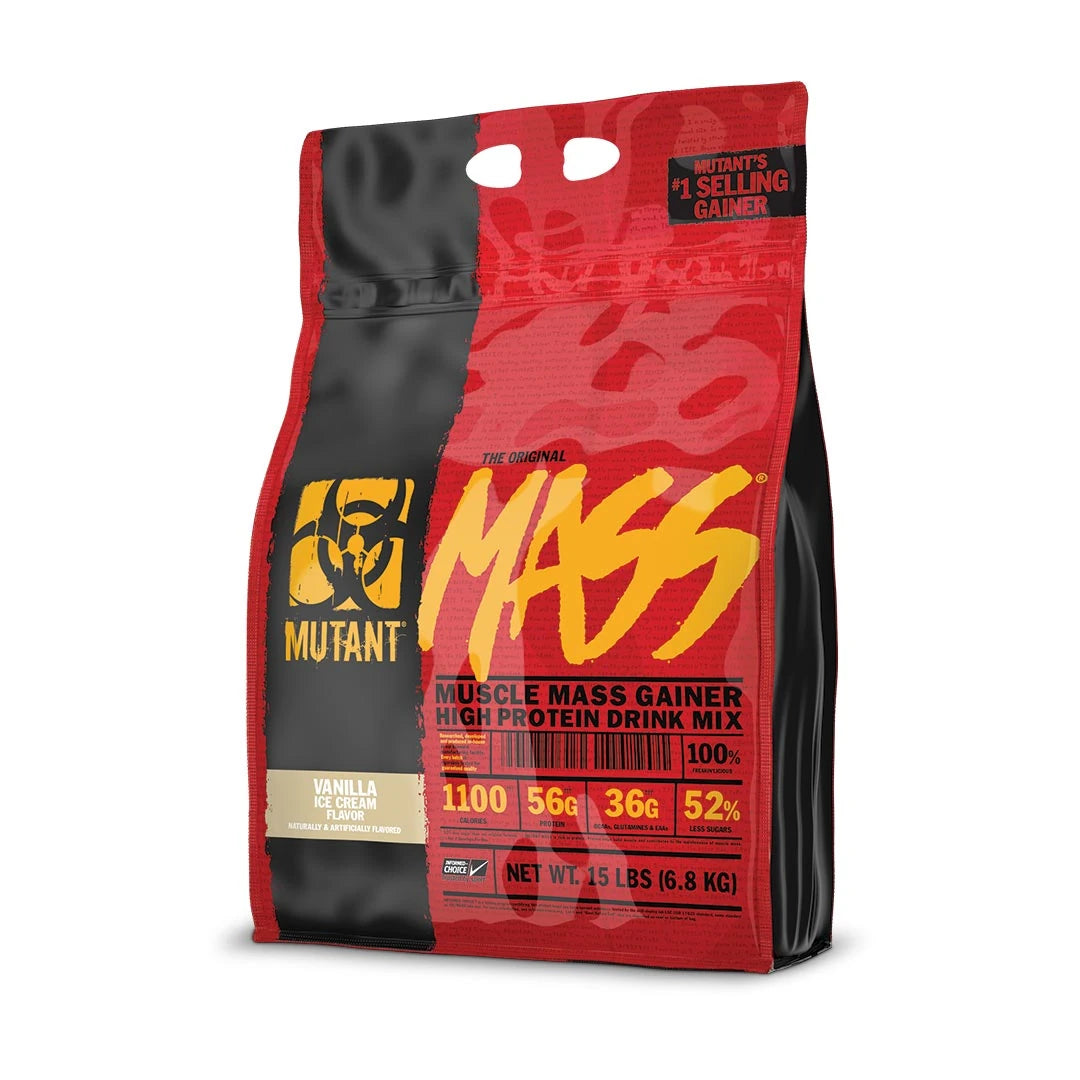 Mutant Mass 6,8 kg -gainer punaisessa ja mustassa pussissa keltaisin yksityiskohdin, makuna Vanilla Ice Cream., kuva 1/4