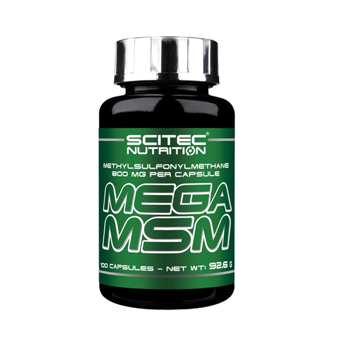 Vihreäetikettinen musta purkki nivelille tarkoitettua Scitec Nutrition Mega MSM 100 caps -ravintolisää., kuva 1/1