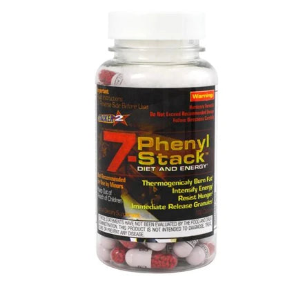 Stacker2 7-Phenyl Stack 100 caps -rasvanpolttaja läpinäkyvässä, mustaetikettisessä purkissa punavalkoisilla kapseleilla., kuva 1/1