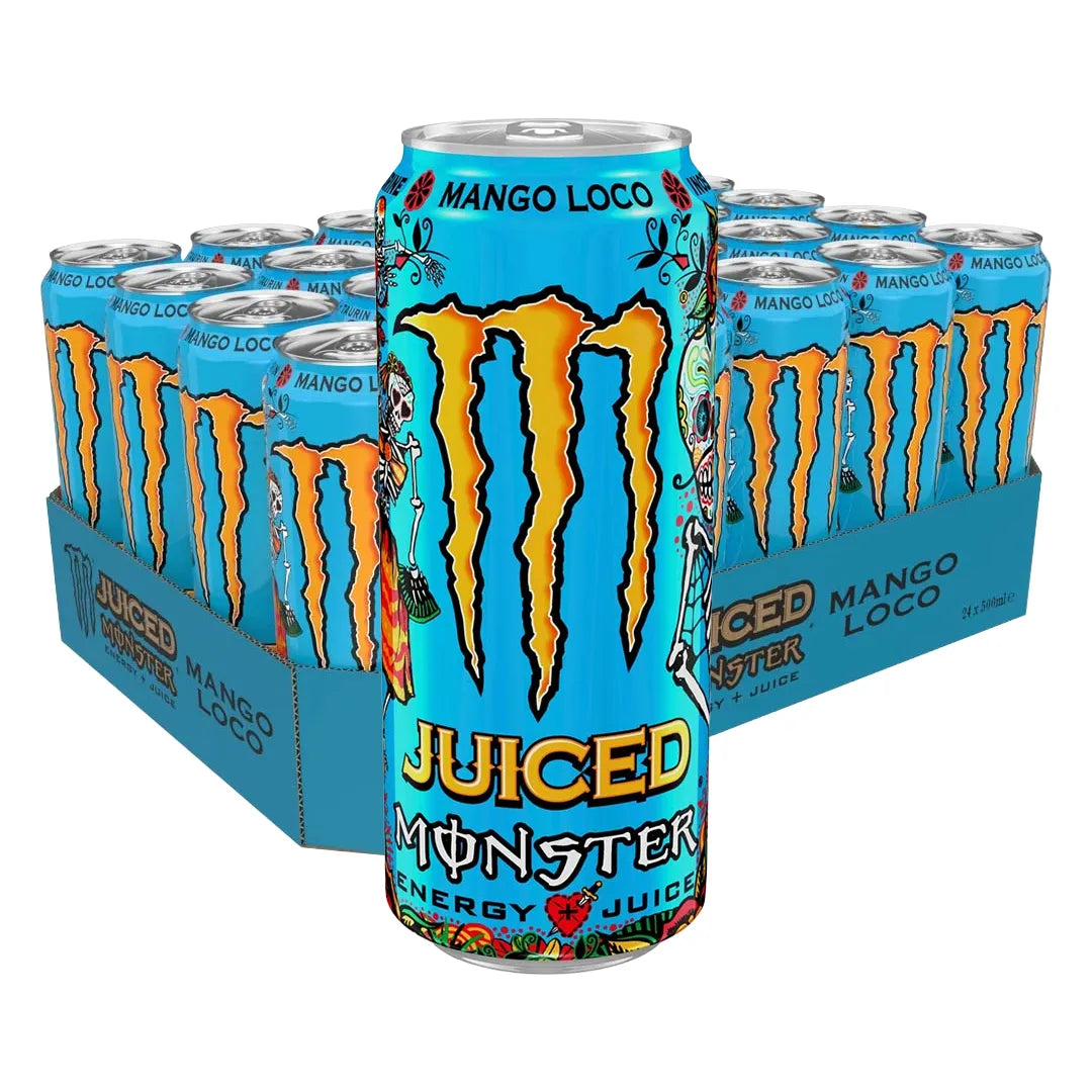 24 x Monster Energy 500 ml Mango Loco -lava vaaleansinisillä tölkeillä, joissa on keltaisia yksityiskohtia ja pääkallokuvio., kuva 1/1