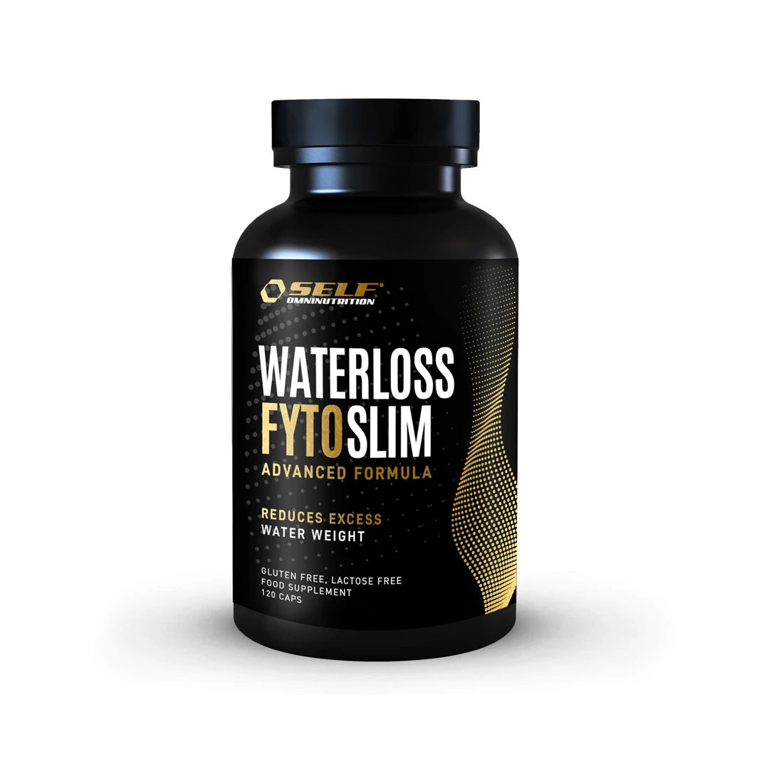 Self Omninutrition Waterloss 120 caps nesteenpoistava ravintolisä mustassa purkissa valkoisilla ja kultaisilla yksityiskohdilla., kuva 1/1