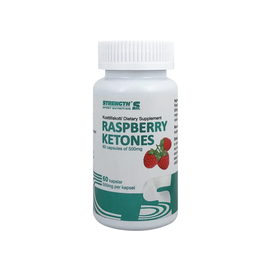 Strength Sport Nutrition Raspberry Ketone 60 caps i en vit burk med grön text och bilder av hallon., bild 1 av 1