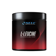 Maustamaton Self Omninutrition Leucine 200 g -ravintolisä mustassa purkissa punaisilla yksityiskohdilla.