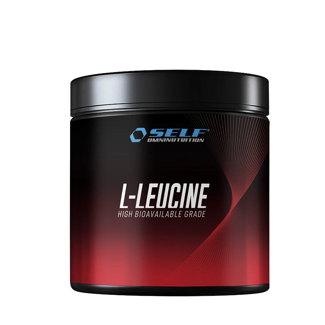 Maustamaton Self Omninutrition Leucine 200 g -ravintolisä mustassa purkissa punaisilla yksityiskohdilla., kuva 1/1