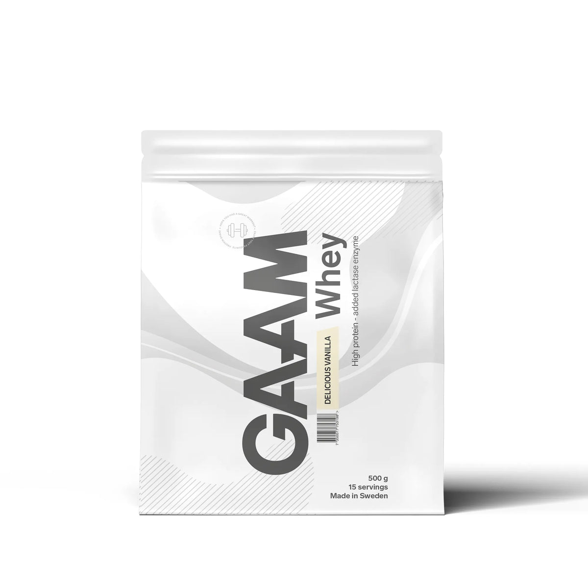 GAAM Whey 500 g -proteiinijauhetta valkoisessa pussissa, makuna Delicious Vanilla., kuva 1/2