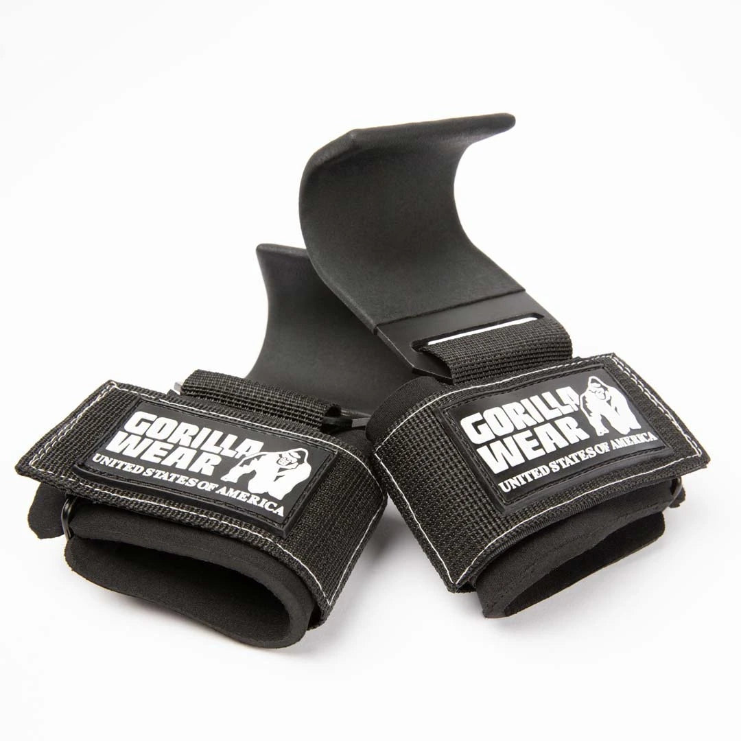 Mustat Gorilla Wear Weight Lifting Hooks Black/White -vetokoukut teräksestä ja nailonista valkoisella logolla., kuva 1/1