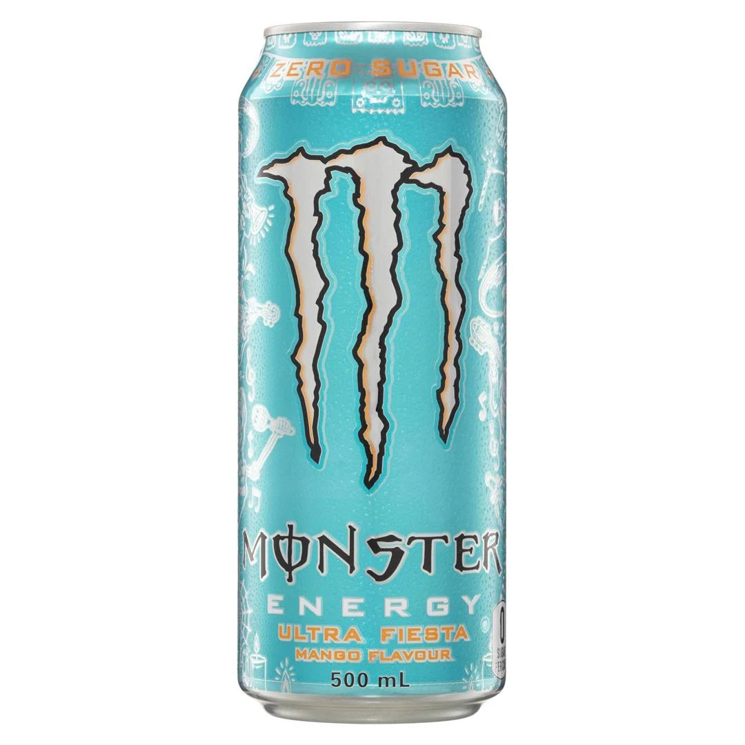 Monster Energy 500 ml turkoosissa metallitölkissä valkoisilla yksityiskohdilla, makuna sokeriton Ultra Fiesta Mango., kuva 2/20