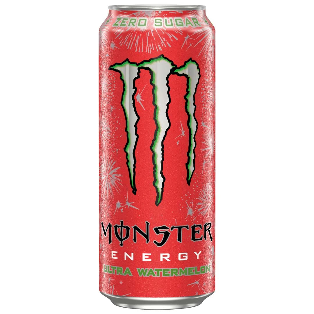 Monster Energy 500 ml punaisessa hopeakuvioidussa tölkissä, makuna sokeriton Ultra Watermelon., kuva 4/20