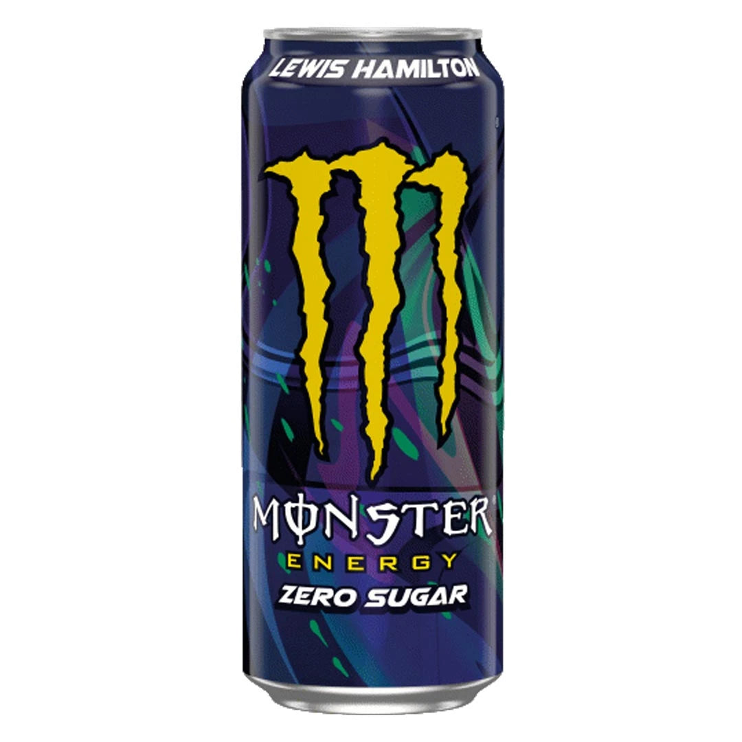 Monster Energy 500 ml tummansinisessä tölkissä keltaisella m-logolla, makuna Lewis Hamilton Zero Sugar., kuva 5/20