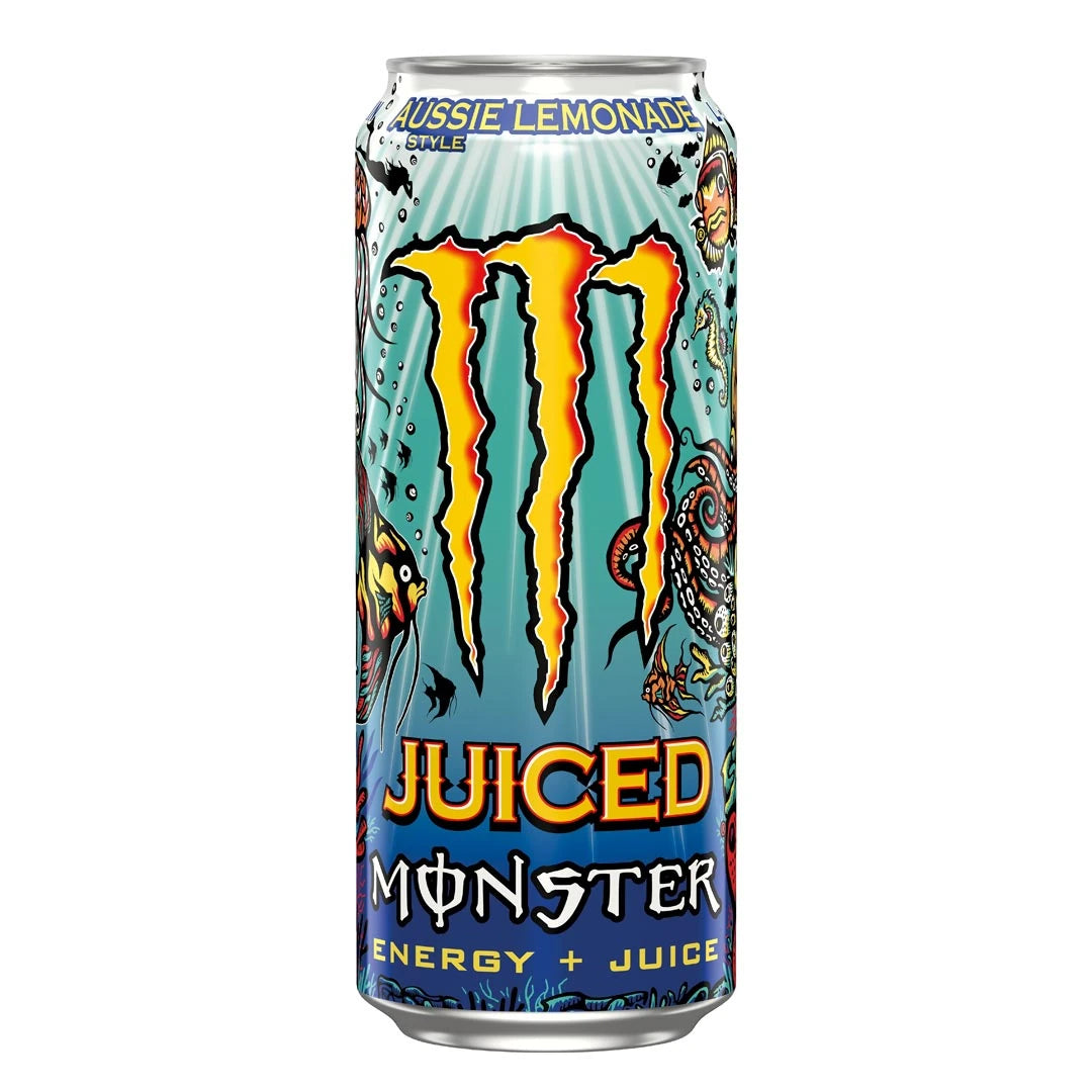 Monster Energy 500 ml vaaleansinisessä tölkissä vedenalaisella kuviolla, makuna Aussie Lemonade., kuva 7/20