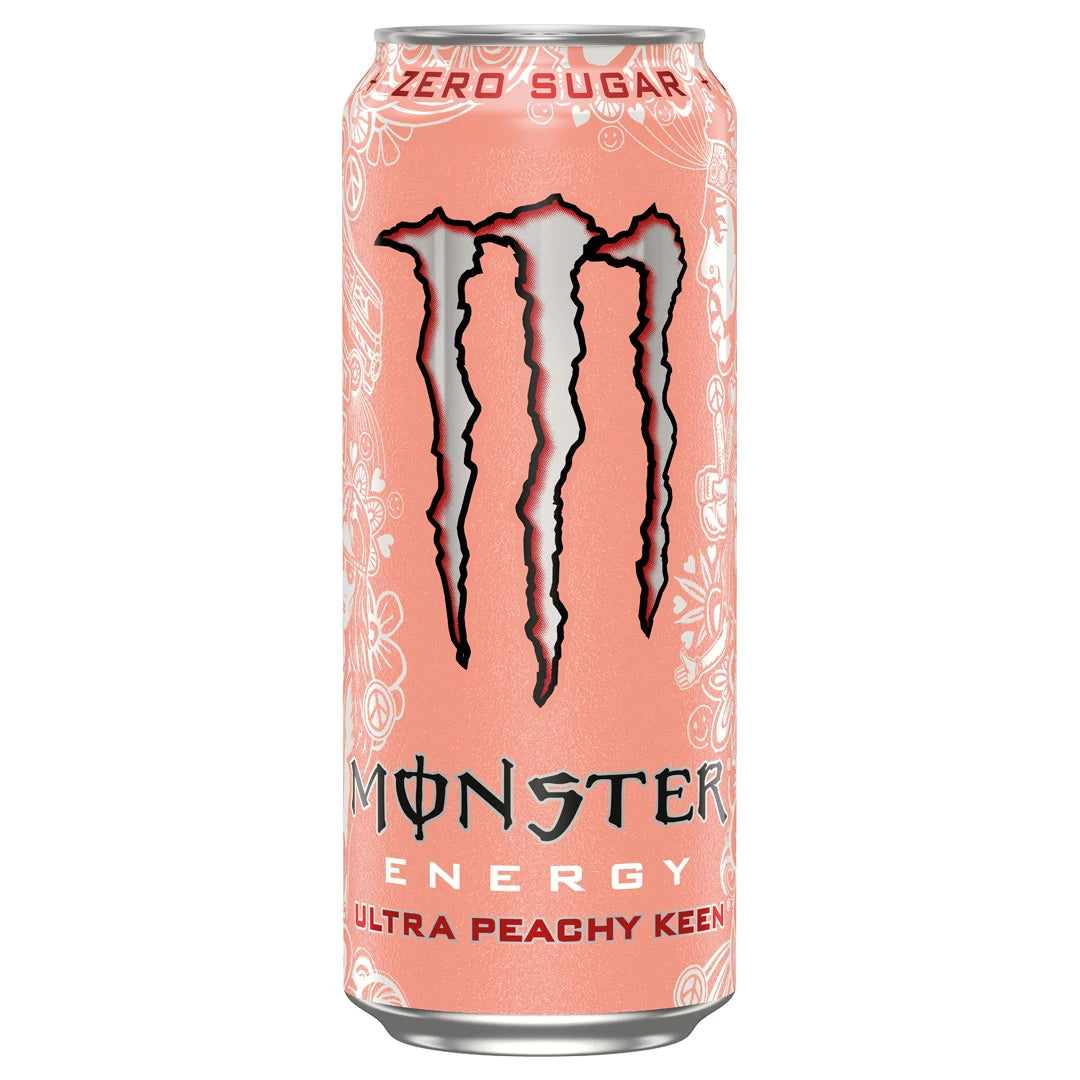 Monster Energy 500 ml -energiajuoma persikanvärisessä tölkissä hopeisilla yksityiskohdilla, makuna Ultra Peachy Keen., kuva 9/20
