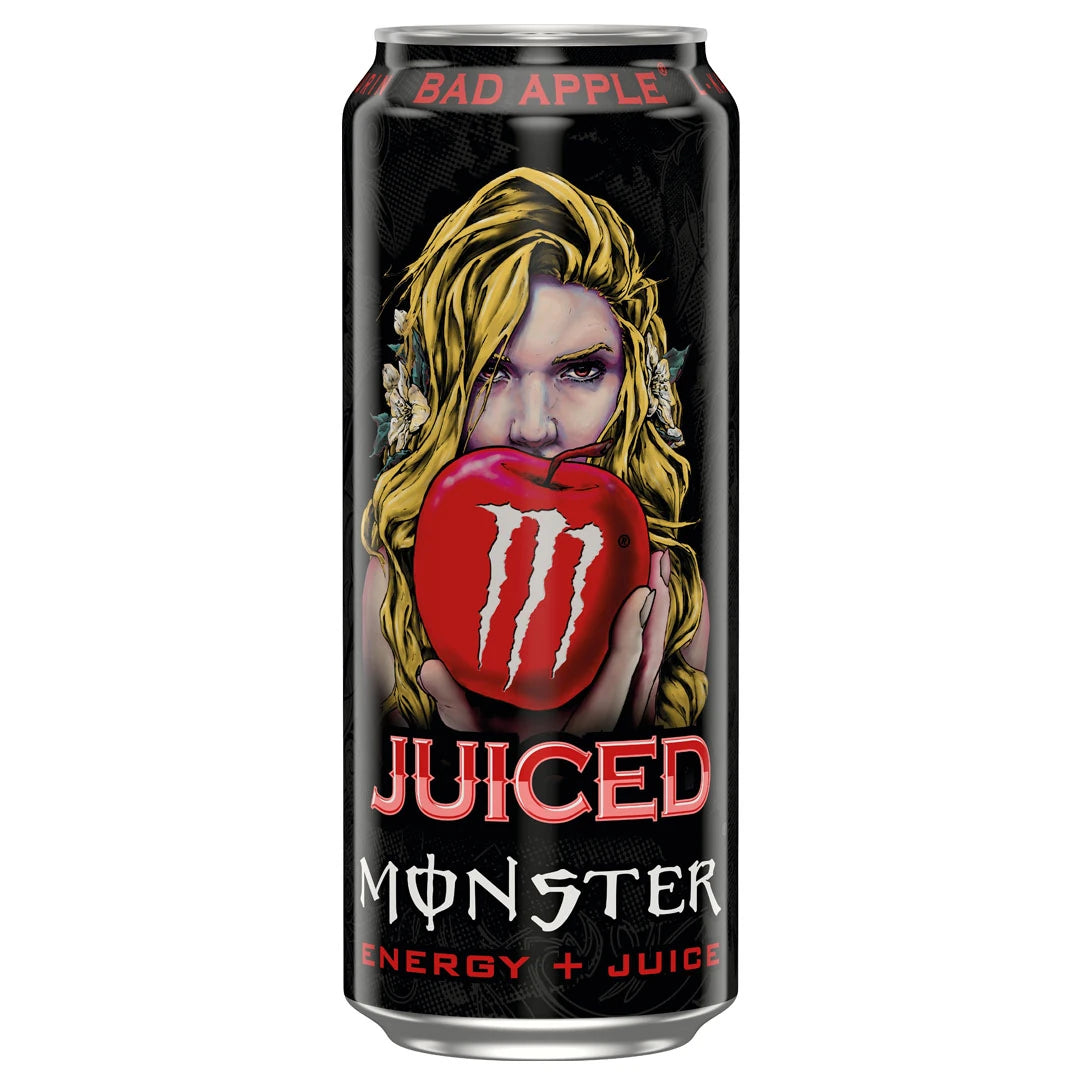 Monster Energy 500 ml mustassa tölkissä, jossa on naisen ja punaisen omenan kuva, makuna Juiced Bad Apple., kuva 10/20