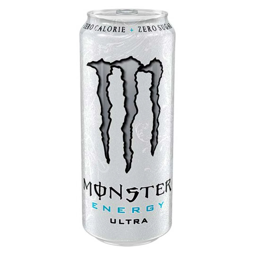 Monster Energy 500 ml valkoisessa tölkissä hopeisilla yksityiskohdilla, makuna sokeriton Ultra White., kuva 12/20